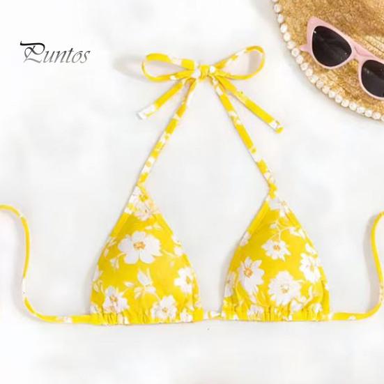 Floral Three-piece Bikini 3Pcs/Set Swimsuit Set Halter Chest Pads No Underwire Bra Swimming Briefs Personalized Print Sheer Trim Cover Up Skirt Split