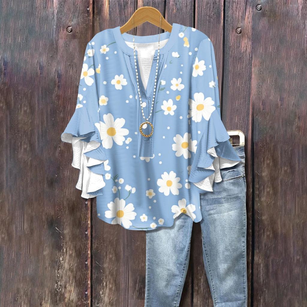 Summer Tops For Women Cute V Neck 3/4 Sleeve Blouses Floral Print Top Casual Shirts