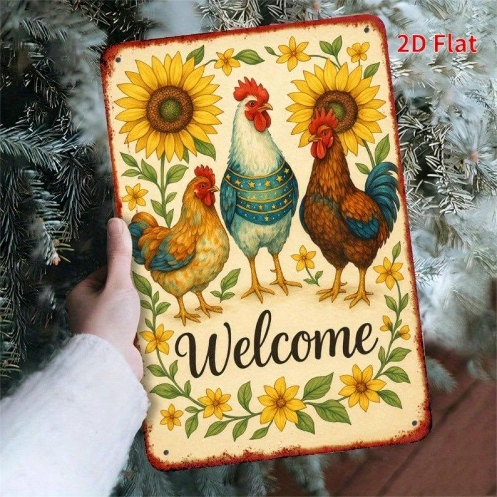 Vintage Rooster Welcome Metal Wall Art 7.8x11.8 2D Flat Print Farmhouse Decor for Home Office Restaurant