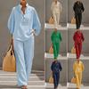 Women's Stand Collar 3/4 Sleeve Solid Color Two Piece Outfit Loose Shirt and Wide Leg Pants Set