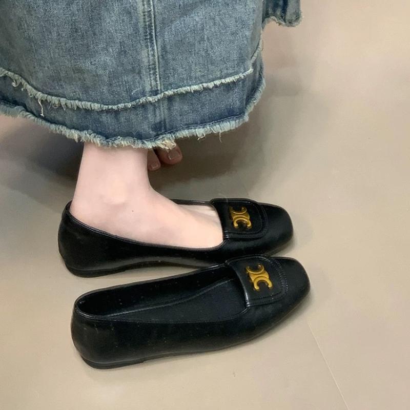 Women's fashion casual comfortable soles women's white imitation leather elastic new metal letter one-foot flat ballet shoes