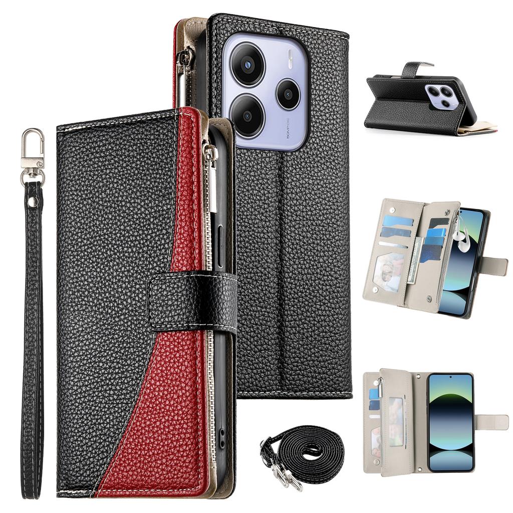 For Xiaomi Redmi Note 14 5G Case Zipper Wallet Color Splicing Leather Flip Phone Cover with Straps