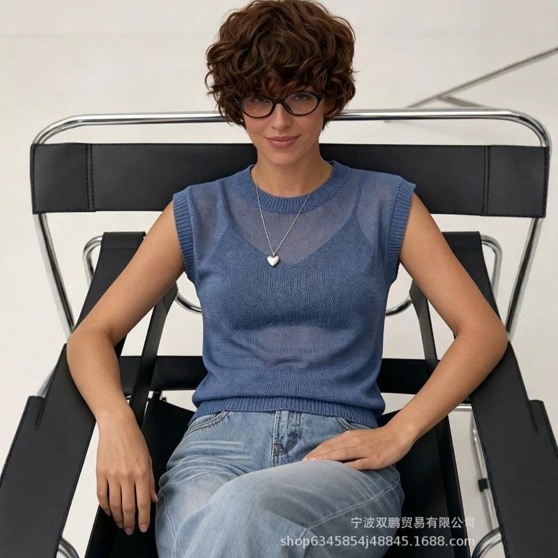 Women S Round Neck Sleeveless Pullover Knit Top Summer Casual Solid Color