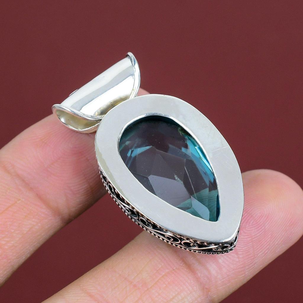 Faceted Swiss Blue Topaz Pendant Vintage Gemstone Pendant 925 Sterling Silver Pendant Handmade Jewelry Engagement Gifts Statement Pendant