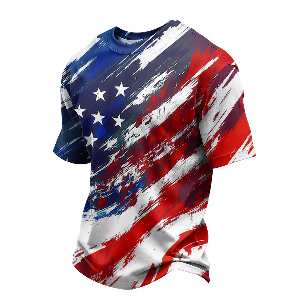 Men Crew Neck Short Sleeve T Shirt with Independence Day Flag Print Casual Regular Fit Comfortable Top