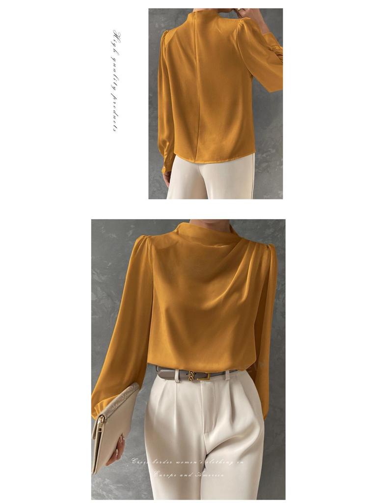 Solid Color Ruched Satin Pullover: Women's European and American Style Long-Sleeved Shirt