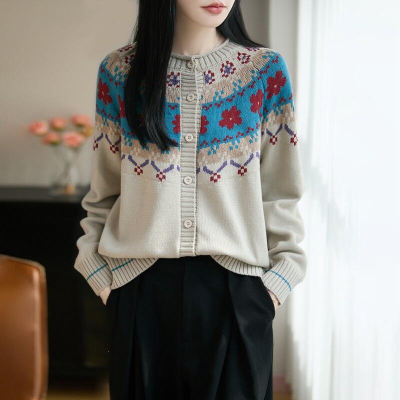 Women's Retro Fair Isle Knit Cardigan - 2026 Spring/Autumn, Lazy Style Petite Outerwear Top