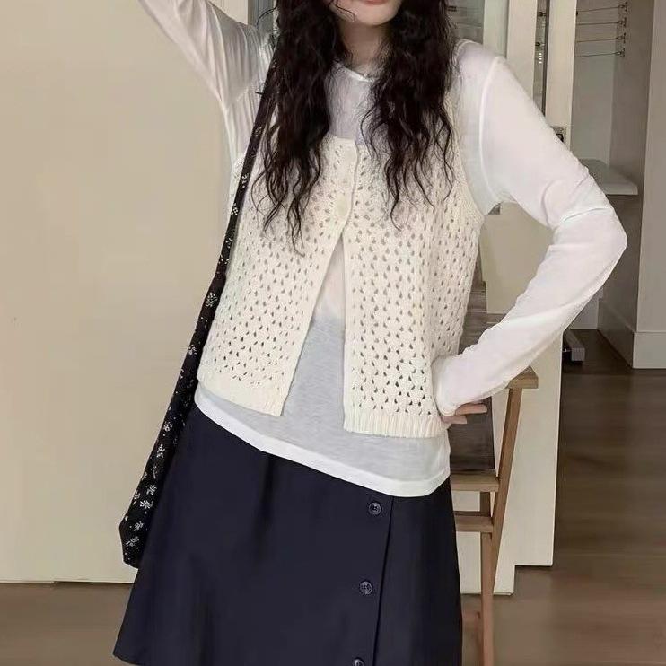 Women's Sleeveless Knit Cardigan Vest - Spring/Autumn Layering Tank with Hollow Out Design