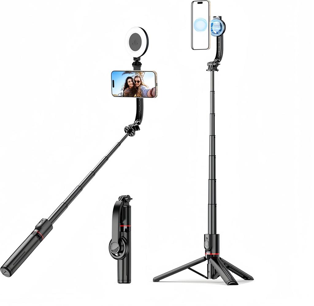 Magnetic Mini Extendable Selfie Stick Tripod Holder Stand with Fill Light Bluetooth Wireless Remote for iPhone 17 16 15 &Android