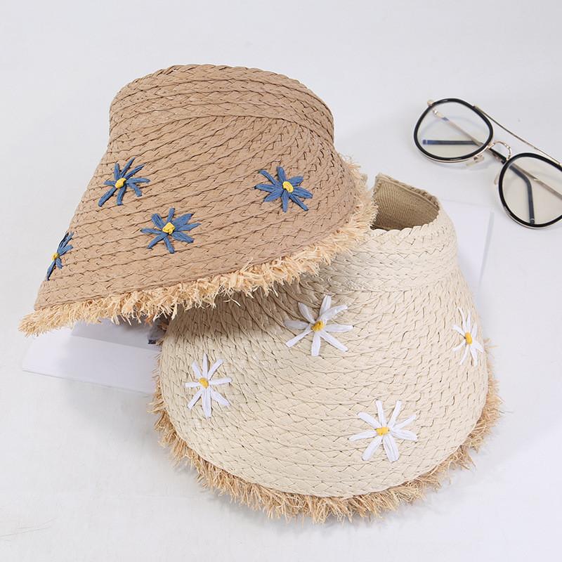 Summer Straw Hat With Daisy Print Wide Brim Sun Protection For Women Outdoor Casual