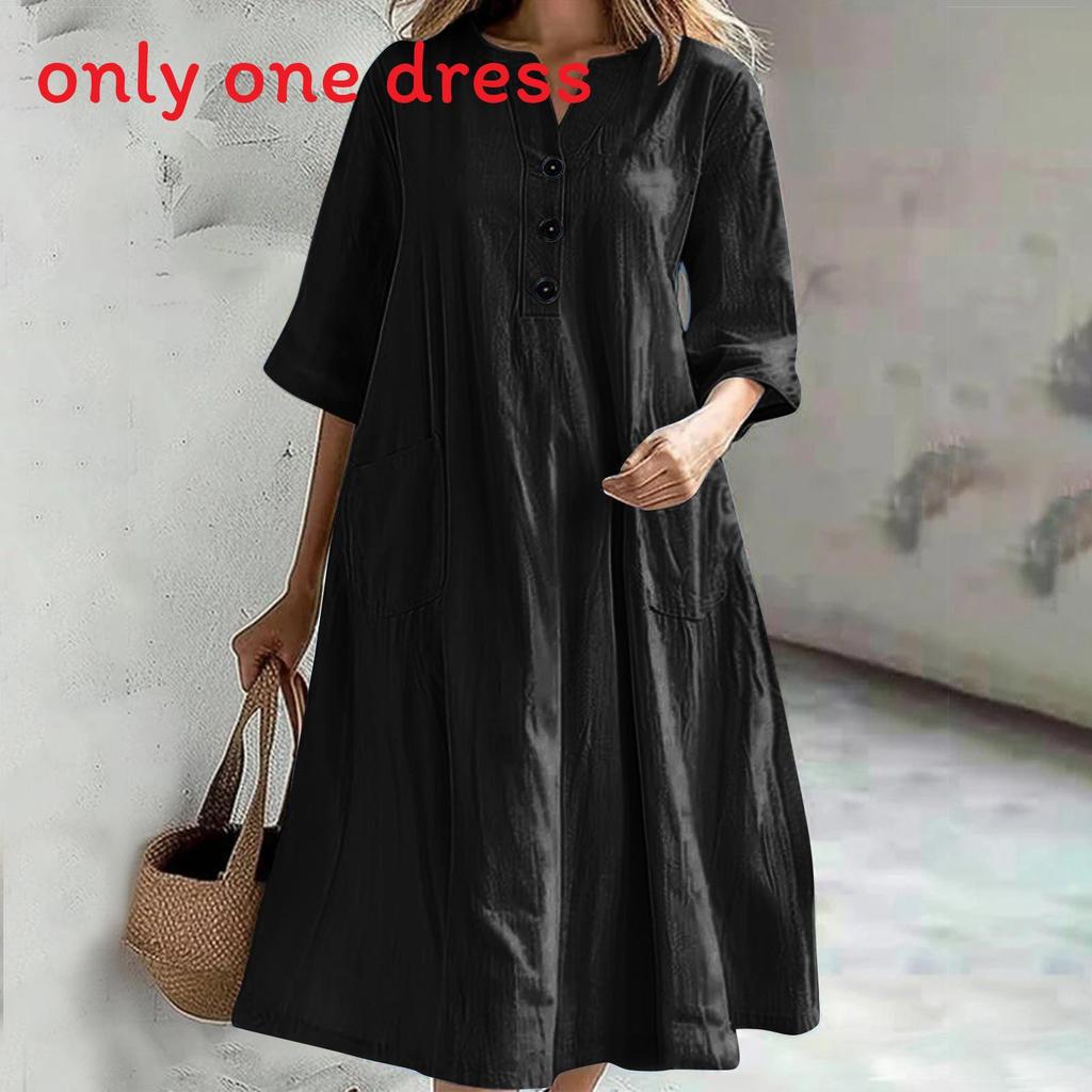 Casual A Line Dress With Pockets For Womens Autumn Style In Cotton Linen Fabric