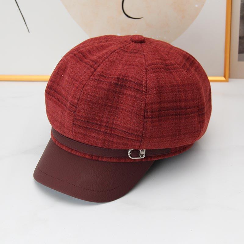 Vintage plaid woolen octagonal hat female autumn and winter face small leather brim newsboy hat British belt buckle painter beret