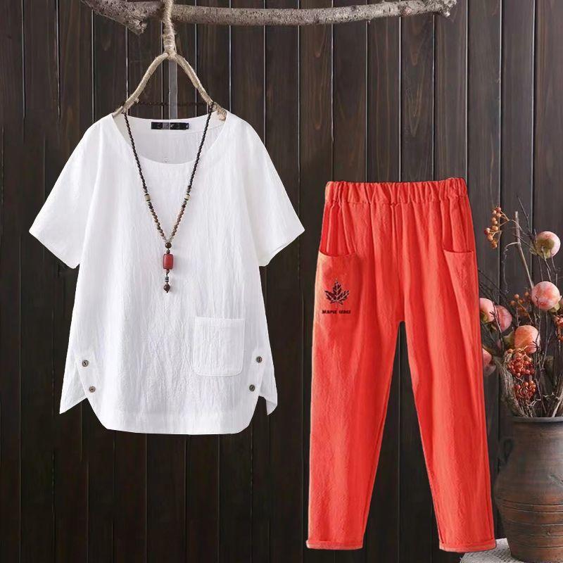 2pcs Cotton Linen Pants Suits Summer Women's Round Neck Cotton Linen Blouse Elastic Waist Cotton Linen Harem Pants Two-Piece Set Casual  Outfits