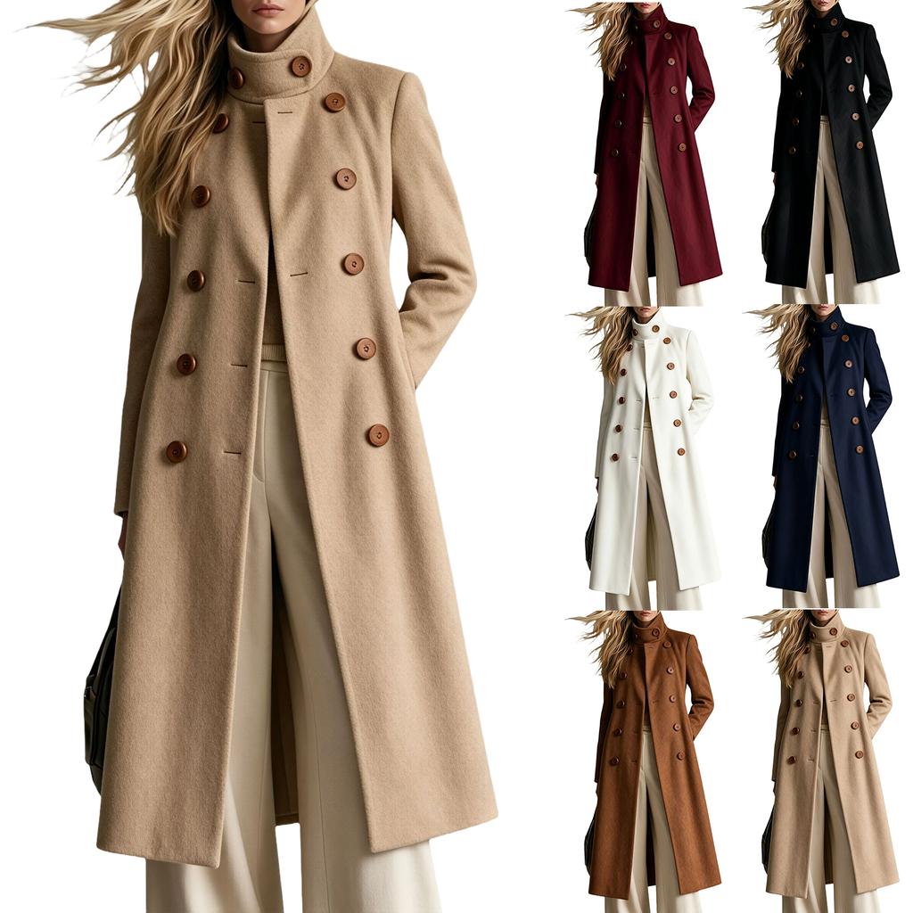 Women's Mid-Length Double-Breasted Color Wool Overcoat for Fall and Winter