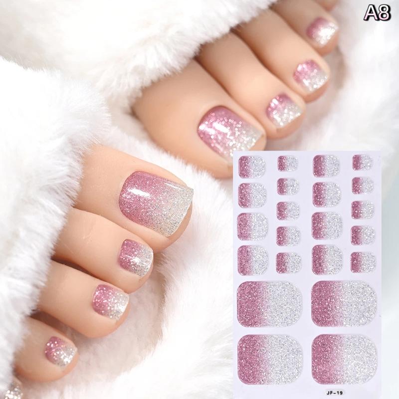 22Pcs/Sheet Toe Nail Sticker Wraps Baking Free Simple Solid Color Glitter Full Cover Toenail Polish Strips Waterproof