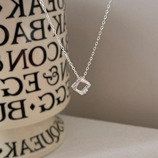 Exquisite S925 Sterling Silver Geometric Square Pendant Necklace - Elegant and Versatile for Daily Wear