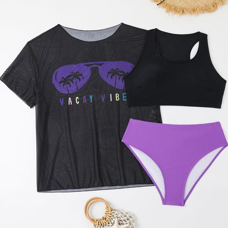 Women's Plus Size Swimsuit Outdoor Beach Bikini Set Printed Mesh Bikini Cover Up Three Piece Set For Women