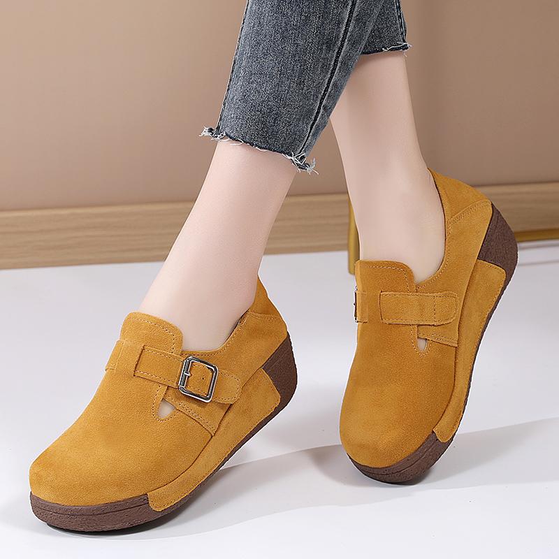 Women Leather Loafers Retro Walking Shoes Non-slip Platform Wedges Ladies 5cm High Comfortable Casual Shoes