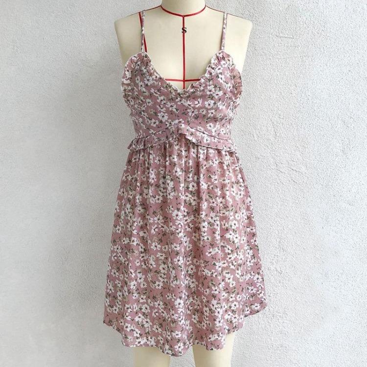 Women Floral Print Spaghetti Strap Sleeveless A-Line Dress High Waist Above Knee Spring Summer S-XL