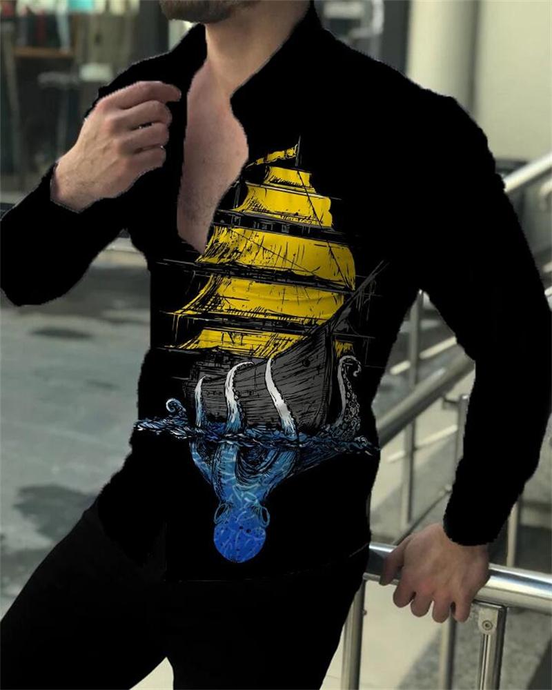 Camicie da Uomo alla Moda Camicie con Bottoni Casual Designer Stampate Manica Lunga Top da Uomo Collo a Revers Top da Uomo