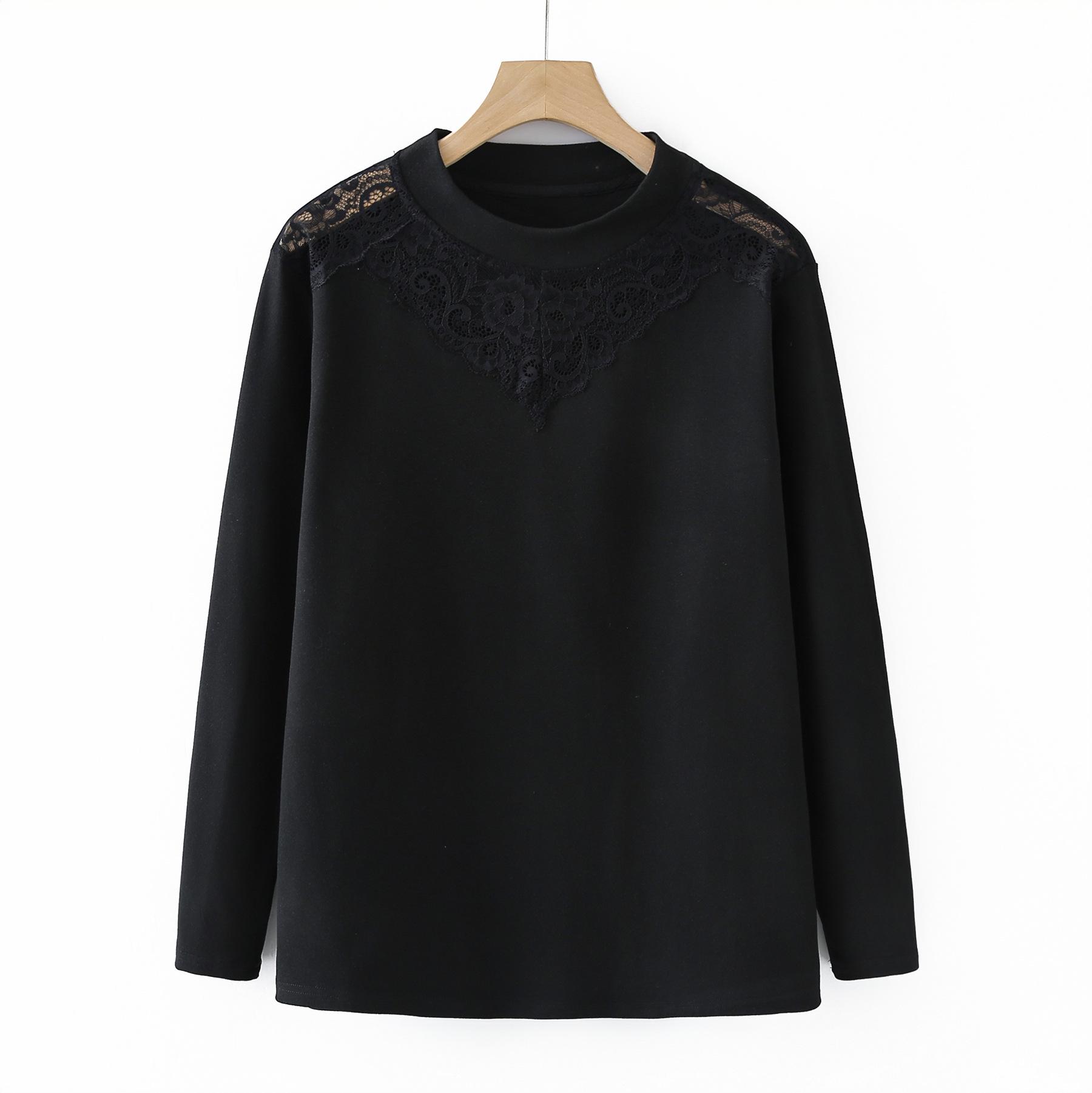 2025 Autumn/Winter Plus Size Velvet Lace Patchwork Slimming Long Sleeve Top 3XL чёрный