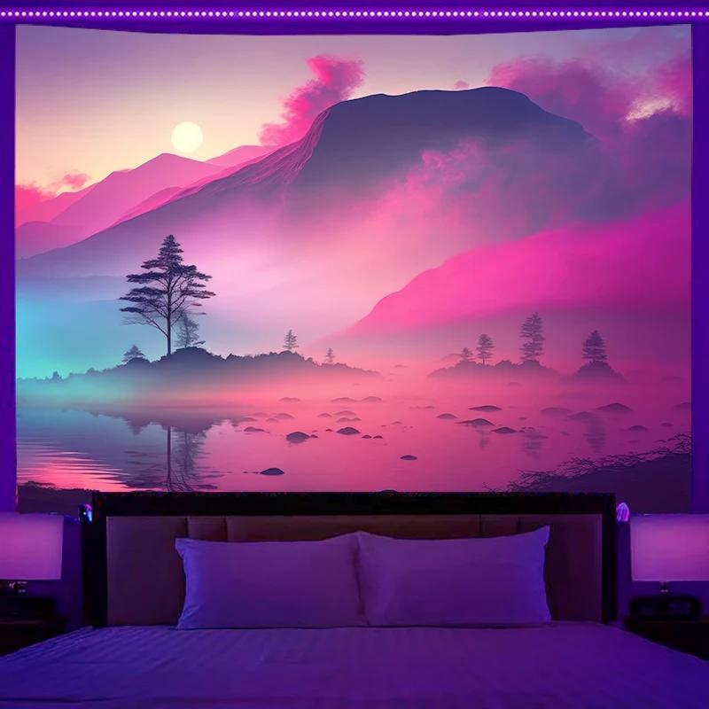 Fluorescent Tapestry Neon Mountain Landscape Hippie Wall Hanging Home Bedroom Room Party Decoration Background Cloth