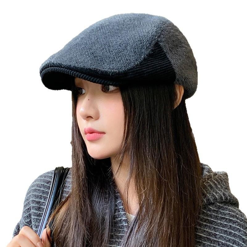 British Style Retro Versatile Forward Hat In Autumn and Winter Splicing Plus Velvet Thickened Baseball Cap Showing The Face Small Warm Newspaper Hat