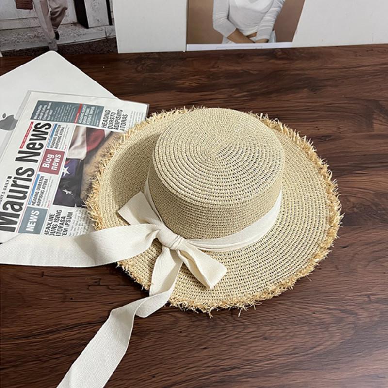 Sommer Frische Runde Oberseite Strohhut Damen Strandurlaub Sonnenhut Schmetterlingsknoten Binden Sonnenschirmkappe