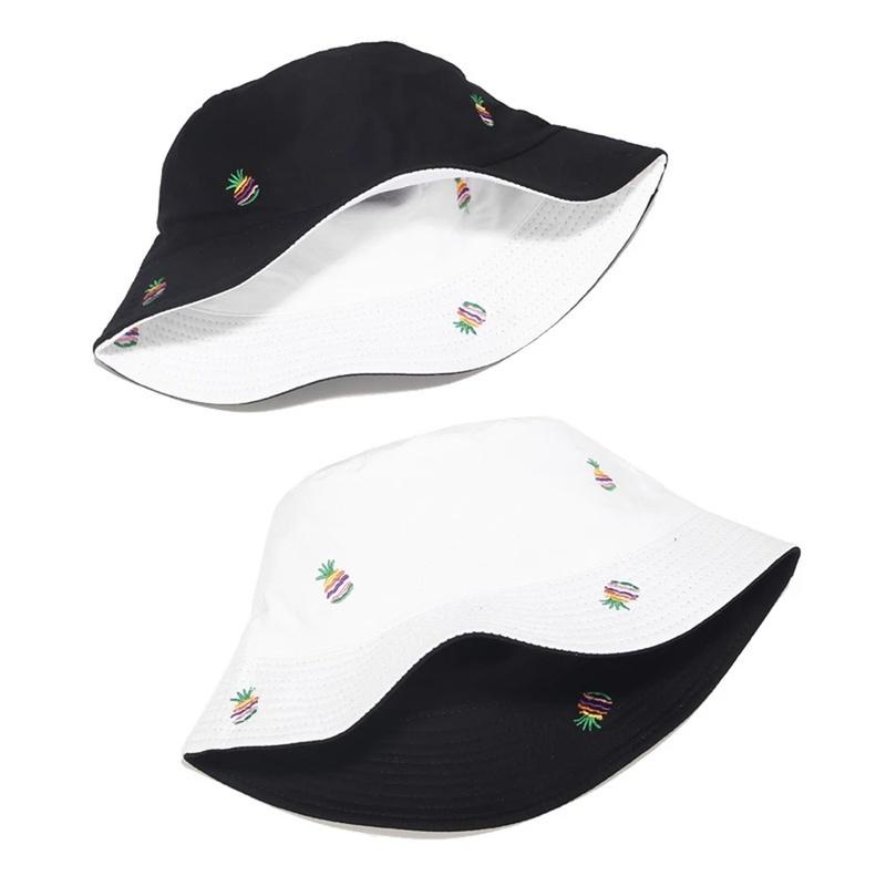 New Pineapple Embroidery Bucket Hat Unisex Double-sided Fisherman Hats Men Women Outdoor Sun Visor Travel Pot Hats