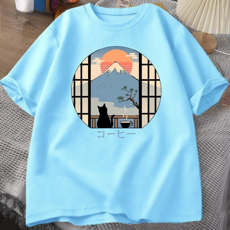 Coffee Cat in Mt Fuji Tshirt Unisex Women Round Neck Short Sleeve Tshirt Japanese Style Printed TShirt Cotton Oversized Tops