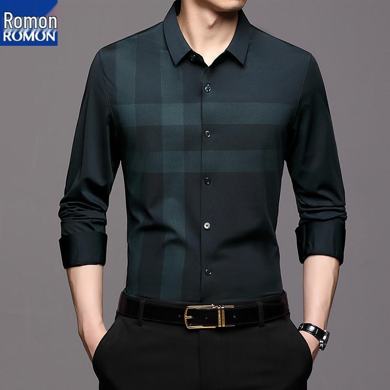 Romon Herren Maulbeerseide Langarm Nahtloses Knitterfreies Business Casual Hemd