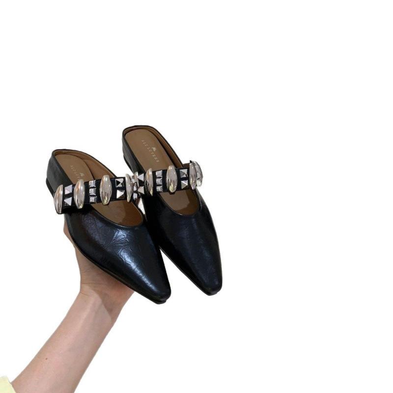 Inner Height Increase Rivet Bag Head Half Slippers Women's Summer Wear 2025 New Leopard Print Pointed Mary Jane Cool Slippers Silver