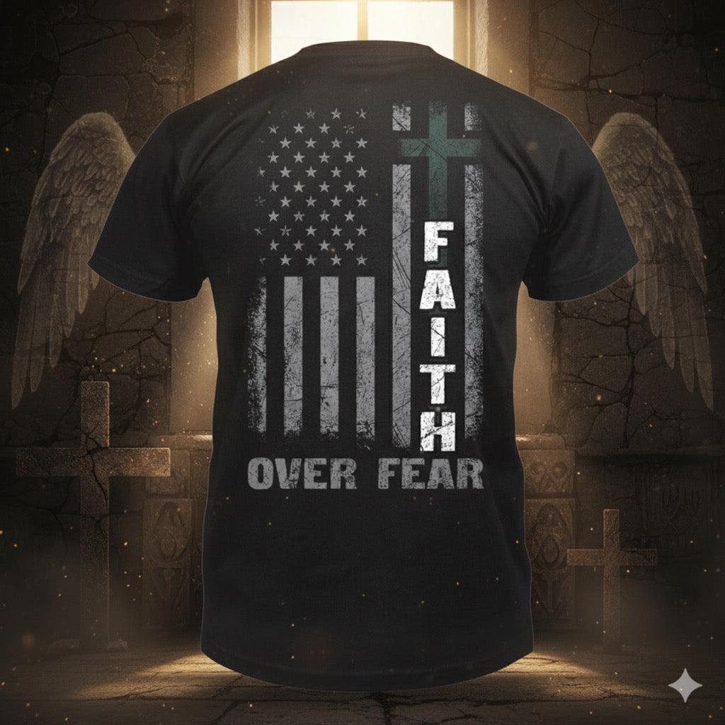 Faith Over Fear - Distressed American Cross Flag T-Shirt: Patriotic Christian Gift