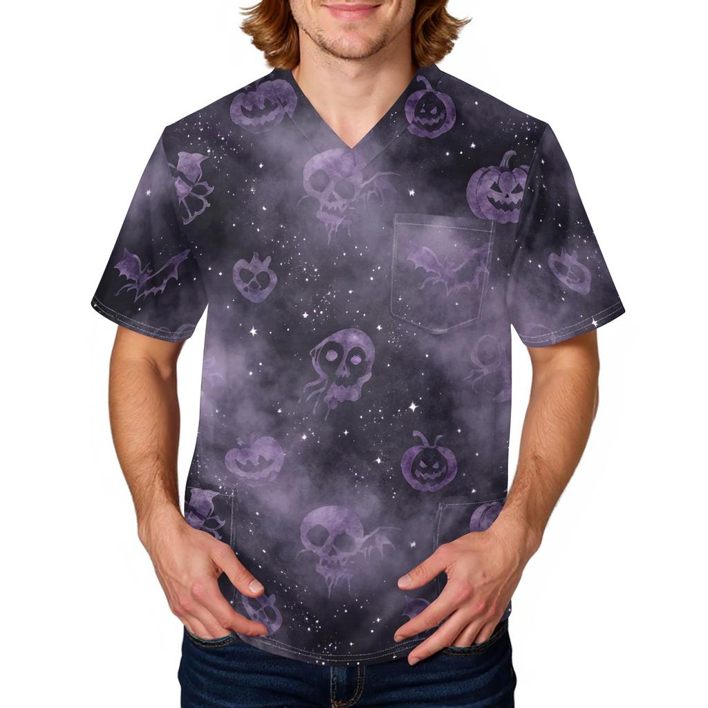 Men's Halloween Print Medical Scrub Top V Neck Tie Pocket Comfortable Fit Workwear for Healthcare Professionals Daily Use