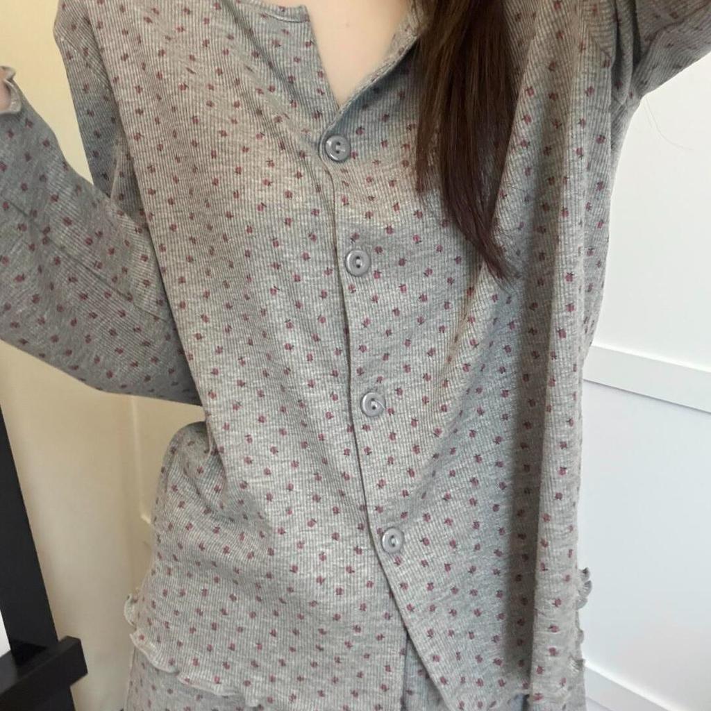 Retro Full Print Sweet Floral Pajamas Women's Summer Cardigan New Loose Loungewear Set Long Sleeve Spot