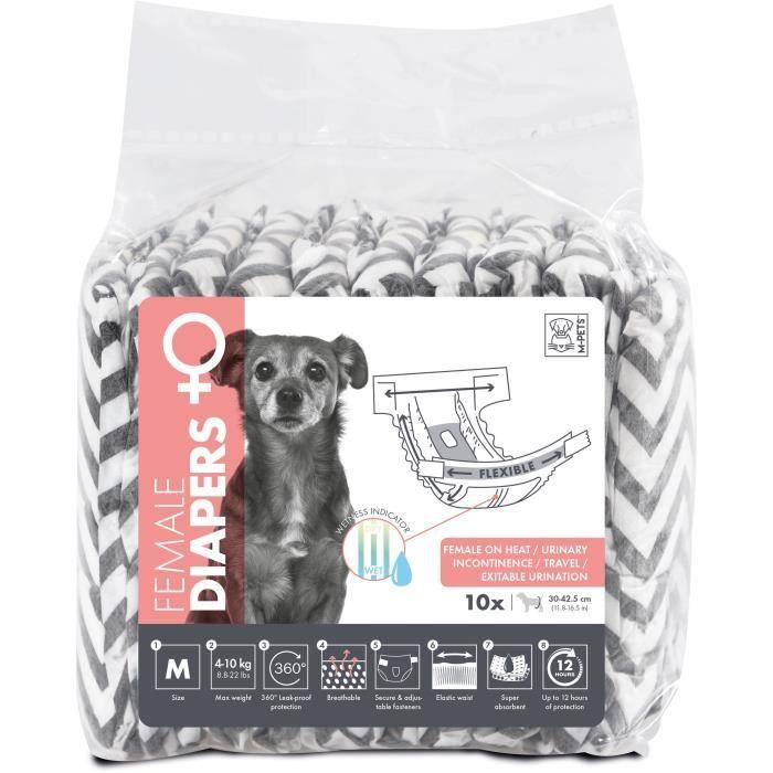 Couches Pour Chien - M PETS - DIAPERS - Femelle M X10 - Tour De Taille 30-42,5 Cm - 4-10 Kg - Indicateur D’humidité - 12h Protection