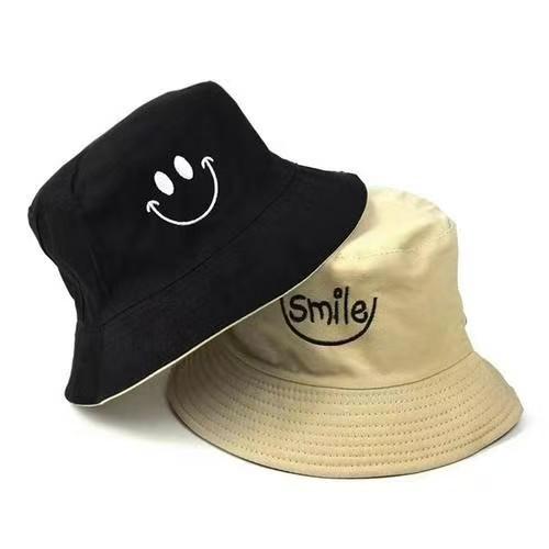 Bucket hat double-sided embroidered logo spring and summer Korean version tide shading big brim sun hat female Japanese smile washbasin hat