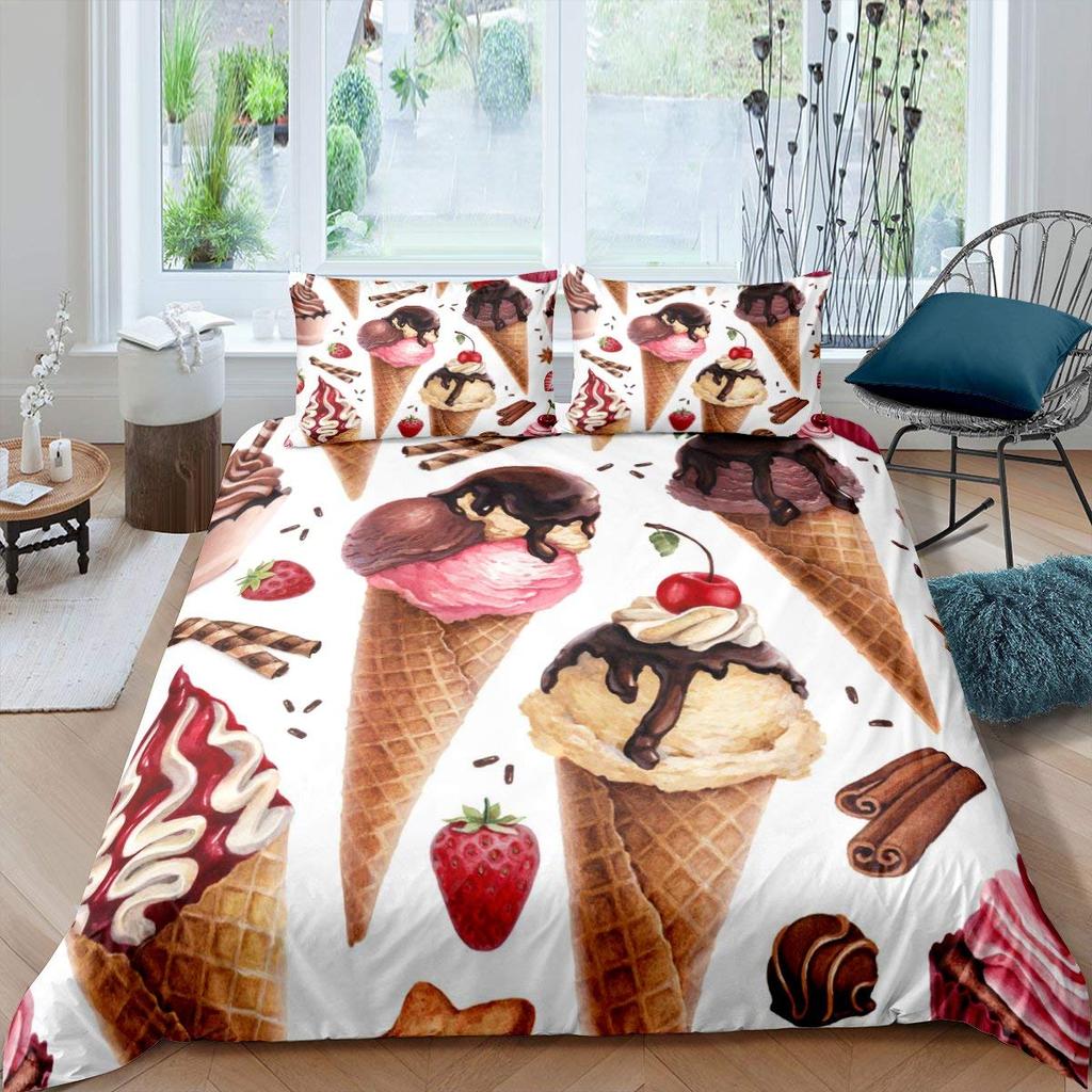 Ice Cream Duvet Cover Set Delicious Food Theme Polyester Quilt Cover King Queen Full Size For Kids Bedding Set With Pillowcase