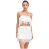 Womens 2 Piece Fringe Dance Set Adjustable Spaghetti Strap Crop Top Elastic Waist Tassel Skirt Club Party Costume