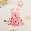 Sweet Strawberry Embroidered Ruffled Mesh Suspender Dress for Baby Girls