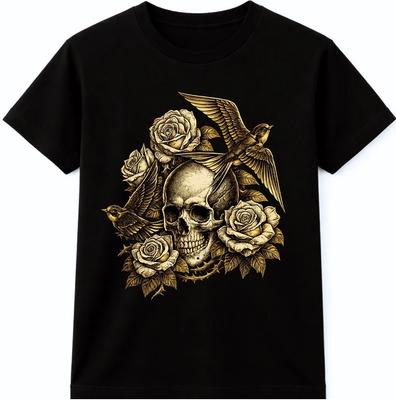 Totenkopf Rose Vögel T-Shirt Gothic Floral Grafik Tattoo Stil Vintage Dunkles T-Shirt