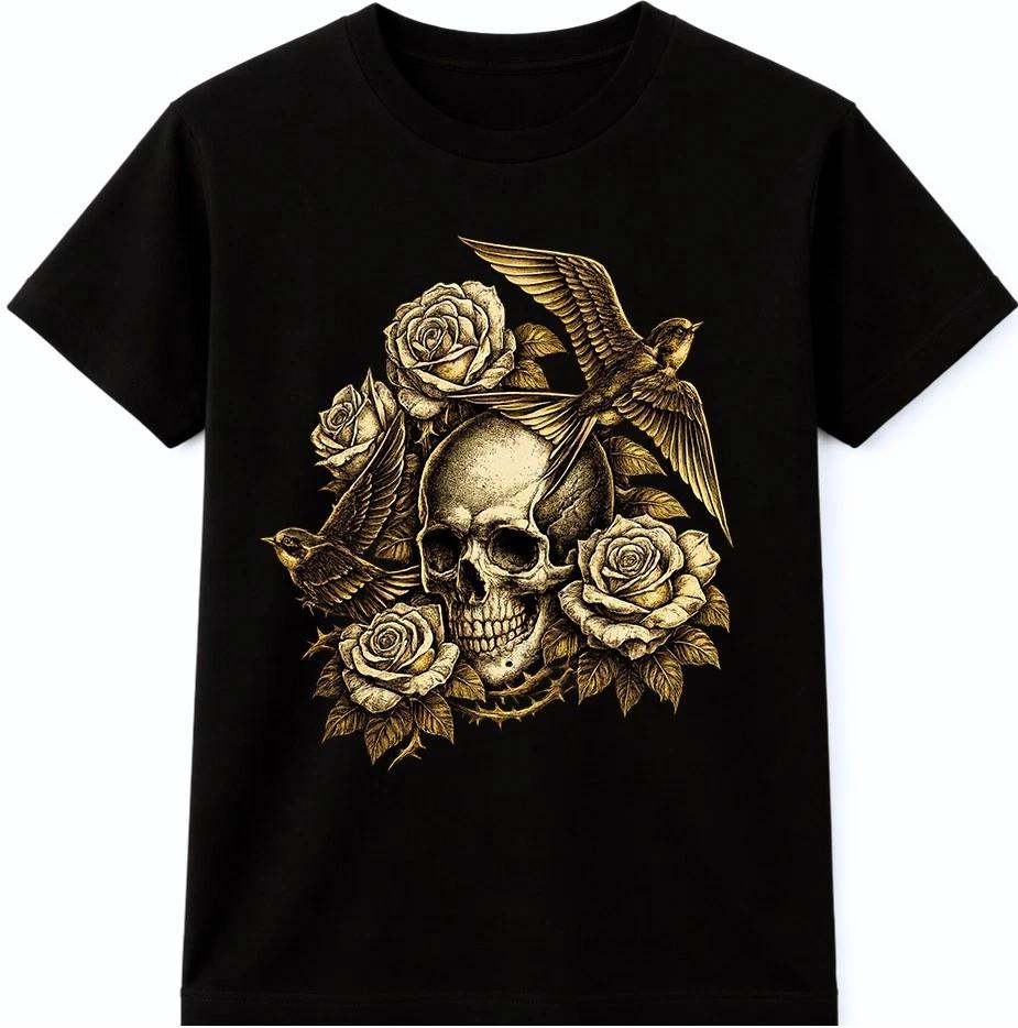 Skull Rose Birds T Shirt Gothic Floral Graphic Tattoo Style Vintage Dark Tee 2XL