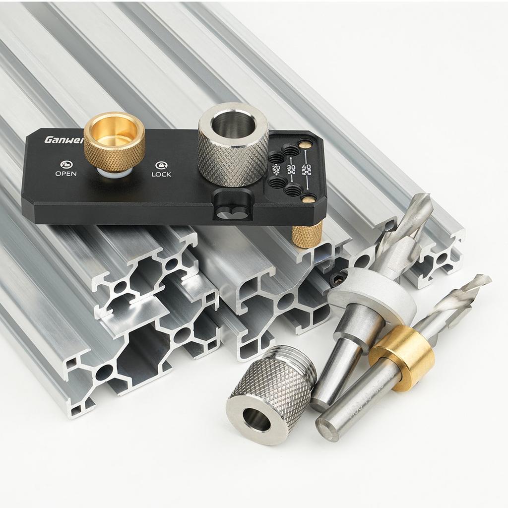 Aluminiumprofil-Schienenbohrführung mit Schiebern und M10 Senk-Stufenbohrer, Vertikaler Locher für 20#30#40# Aluminiumprofile