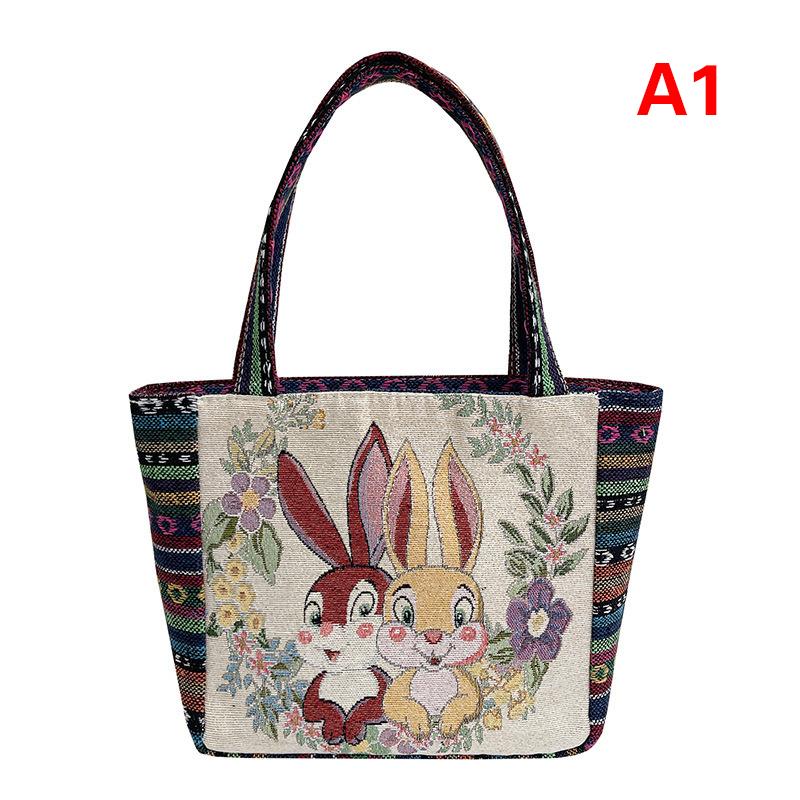 Ethnic Style Handbag Trendy Animal Embroidery Handbag Canvas Women Shoulder Bags Women Grocery Storage Pouch
