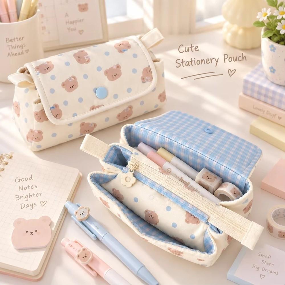 Bear Printed Pencil Pouch Multi-Layer Pencil Case Stationery Bag School Supplies