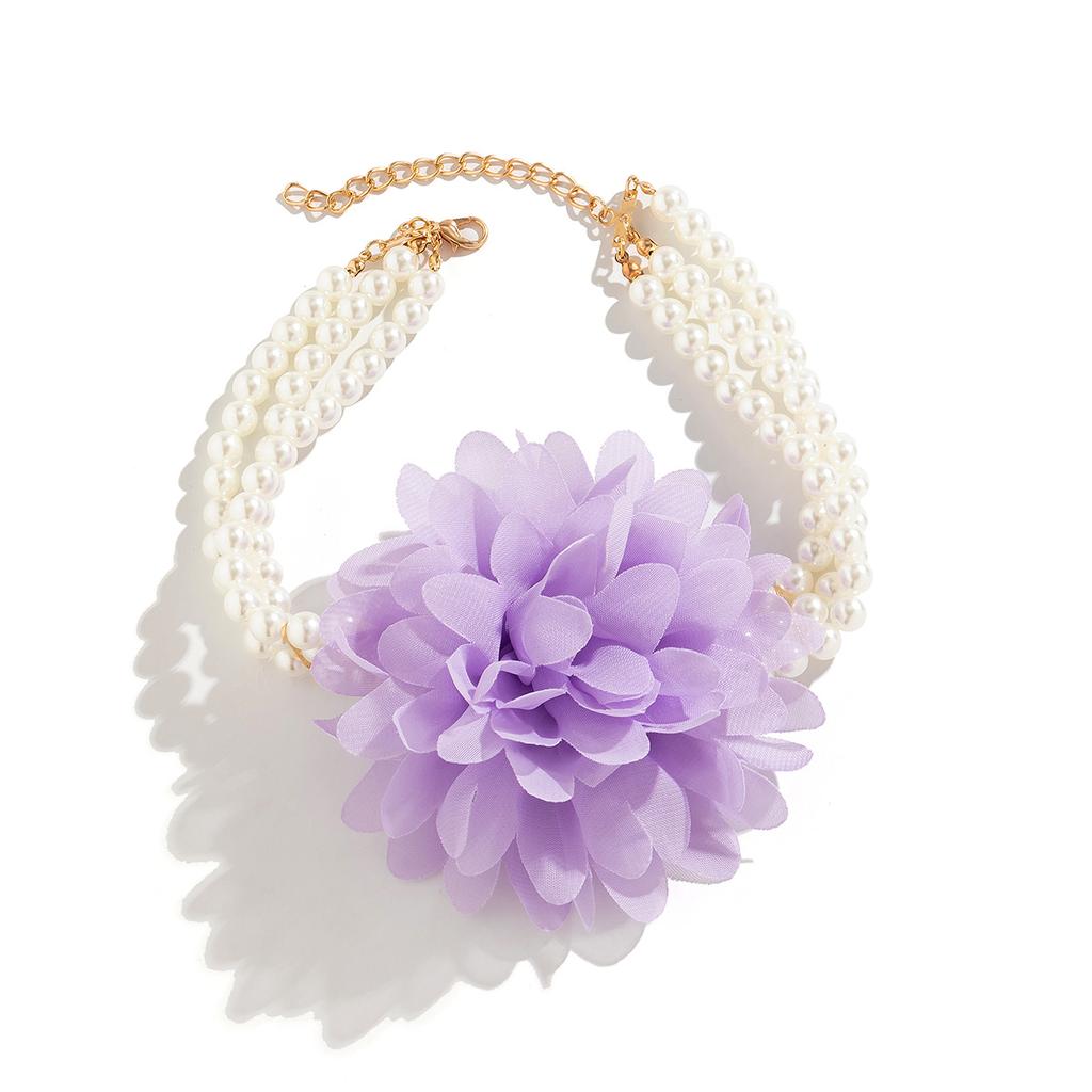 Chiffon handmade flower choker necklace, vintage beaded imitation pearl flower necklace for women, jewelry
