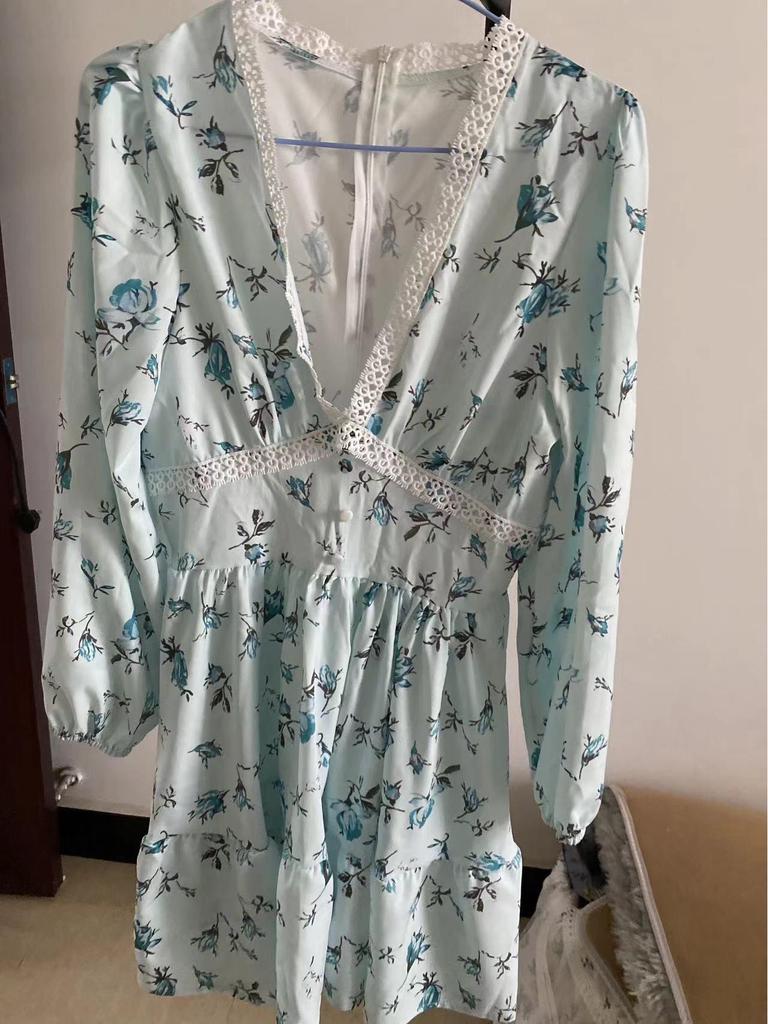 2025 Spring Sweet Print V-neck Lace Short Dress for Women