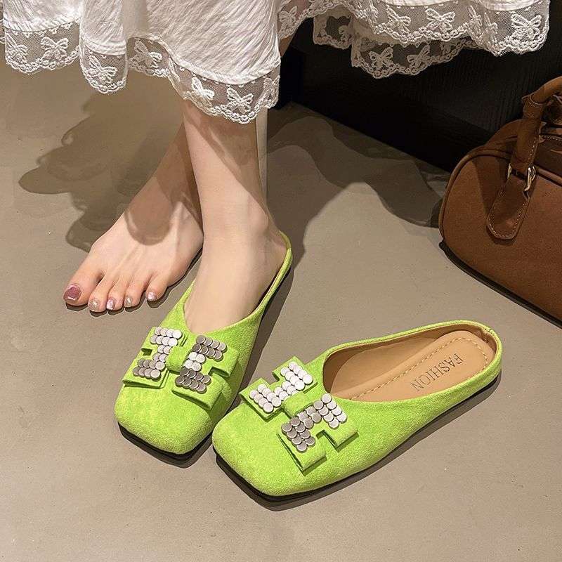 Fashion Metal Square Toe Flats Women's Slippers Ladies Sandals New Fashion Slides On Sale Chic Elegant Low Price Shoes Promotion Mules