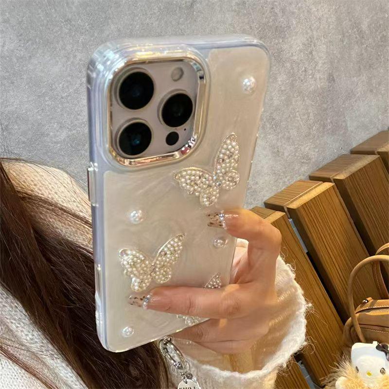 Pearl Butterfly Phone Case for iPhone 16 Pro, 17 Pro Max, 15 Pro Max, and 13