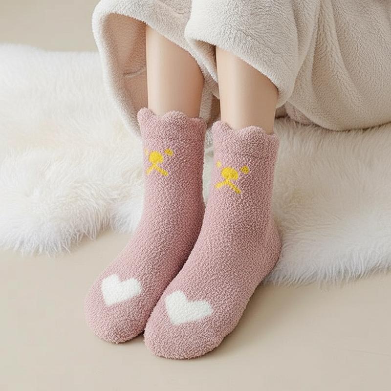 5 Pairs Autumn Winter Cartoon Cat Tube Socks Women Heart-shaped Coral Fleece Socks Cute Sweet Thick Soft Warm Home Sleep Sock